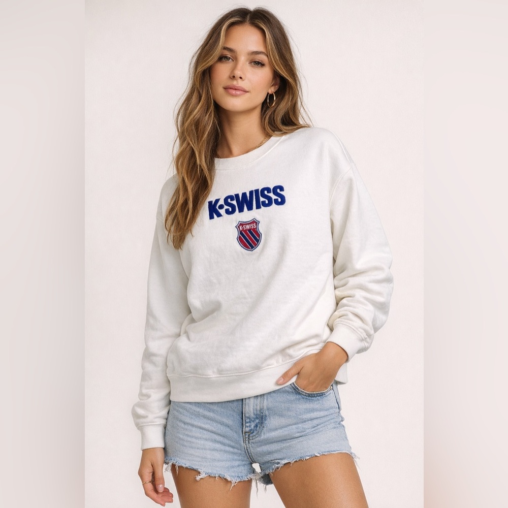 K-Swiss Crew Neck Sweater – White with Blue Accents (Size Medium)